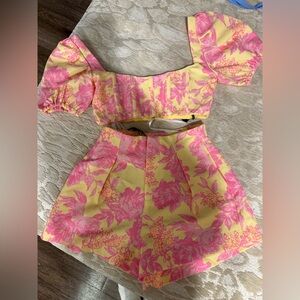 White Fox Boutique Pink and Yellow Floral top and short set